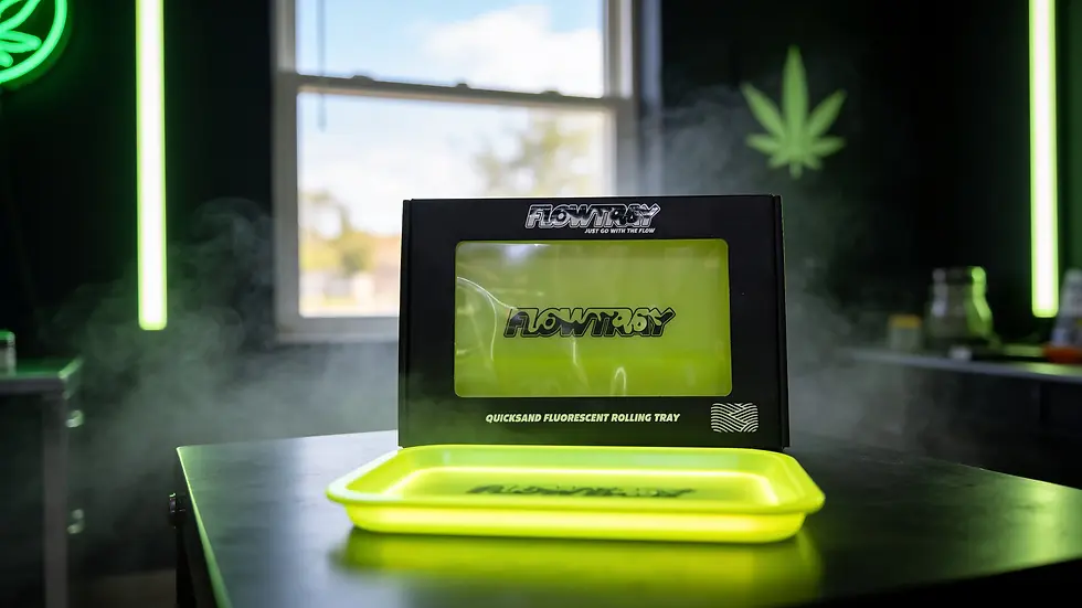 A new The Flow Tray in its black display packaging featuring fluorescent yellow coloring, displayed on a clean white surface.
