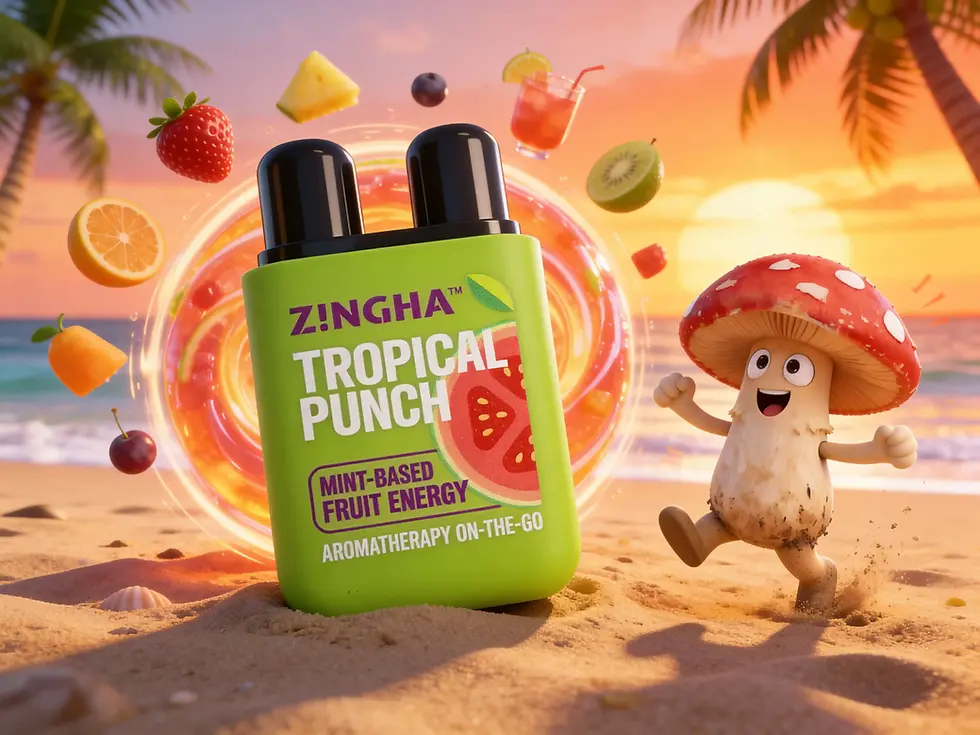 Green Z!NGHA Tropical Punch bottle on a sunset beach, with floating fruit and a smiling mushroom beside it.