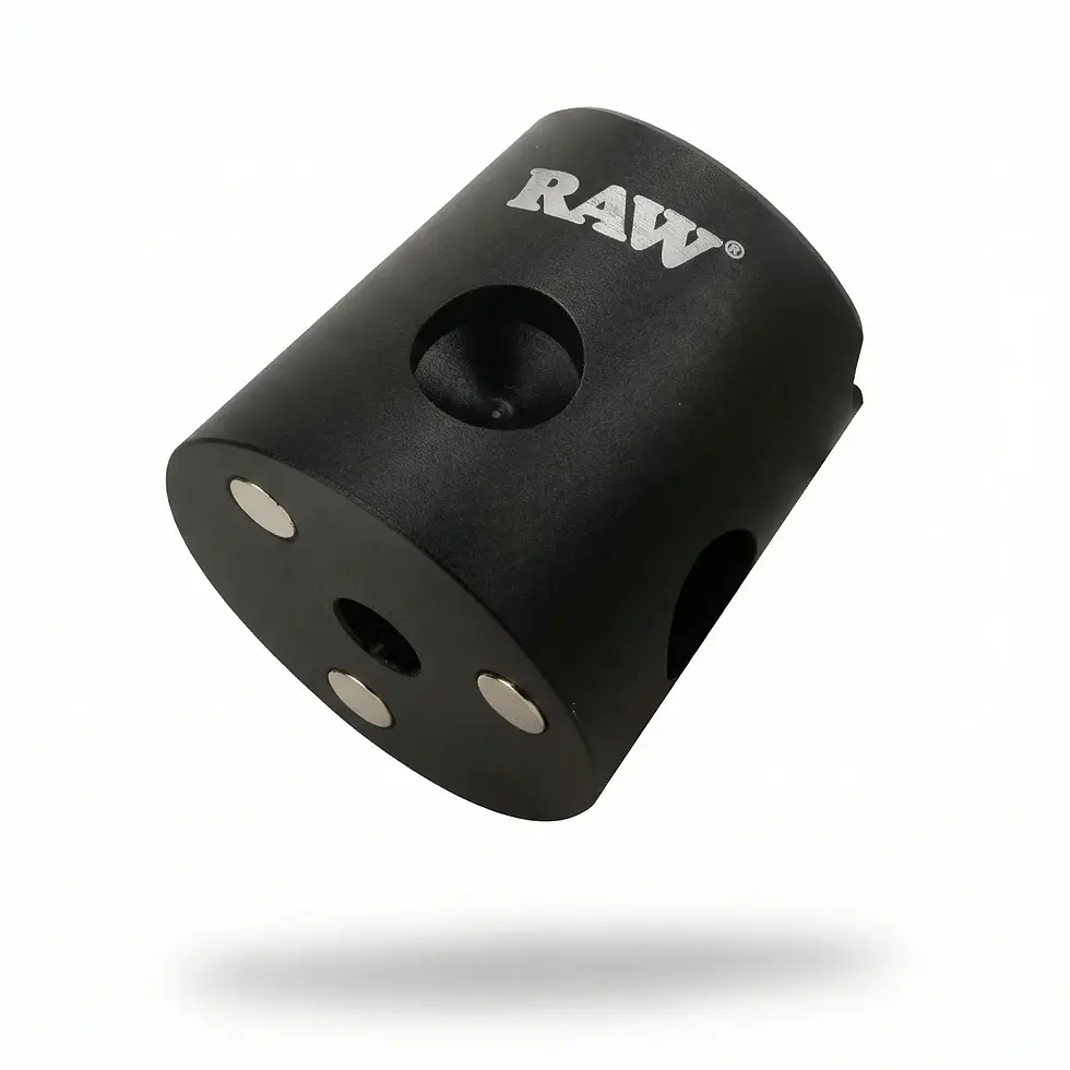 Black cylindrical object with "RAW" text, featuring circular magnets. It floats in front of a white background, casting a slight shadow.