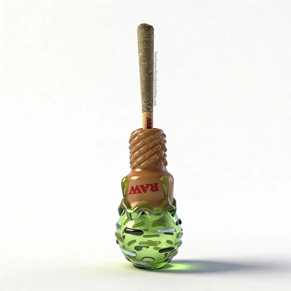 A joint in a decorative holder with a green camo pattern and "RAW" text. Background is plain white, emphasizing the intricate design.