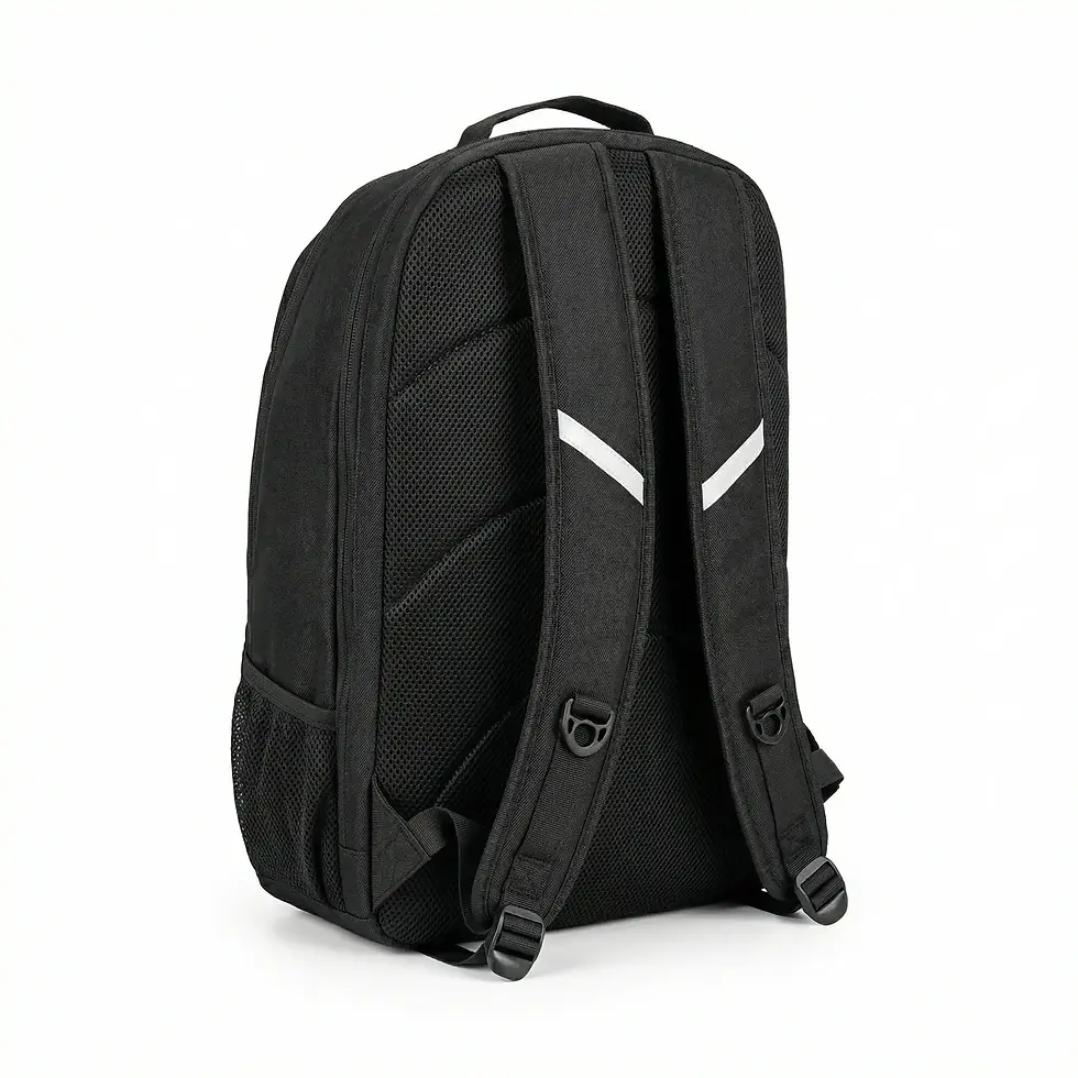 Black backpack with mesh padding, adjustable straps, and subtle reflective accents. Plain white background, highlighting its practical design.