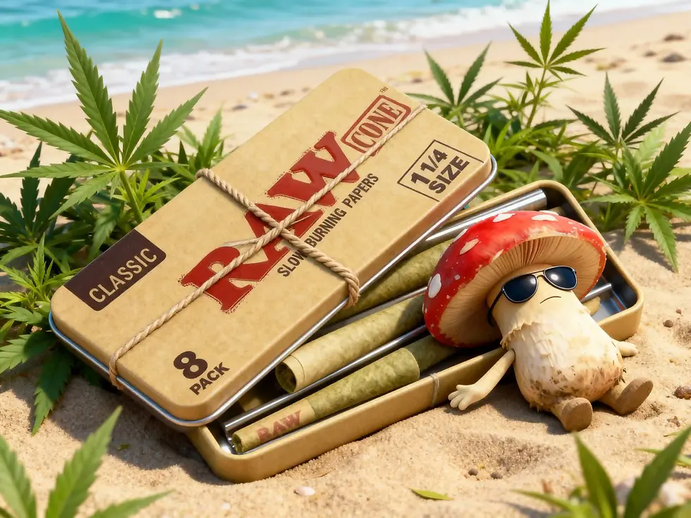 Cartoon mushroom with sunglasses relaxes on sandy beach next to RAW rolling papers tin, surrounded by cannabis leaves, ocean visible.