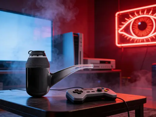 A detailed view of a Puffco Proxy electronic pipe on a wooden table, with a red monster character enjoying thick vapor rings in a gaming room setting.