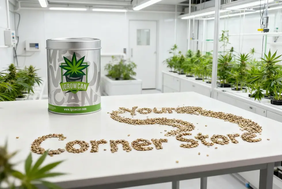 Metal can with cannabis leaf logo on a white table, seeds spelling "Your Corner Store." Background has cannabis plants in a bright lab.