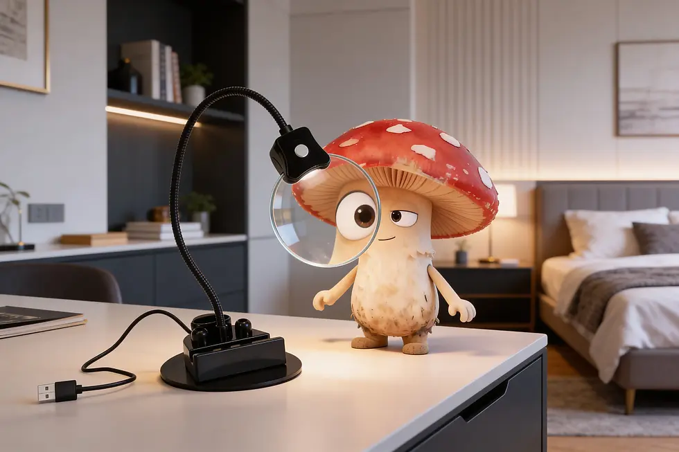 A cartoon mushroom character with a red cap peers through a magnifying glass on a desk in a modern bedroom, creating a curious mood.