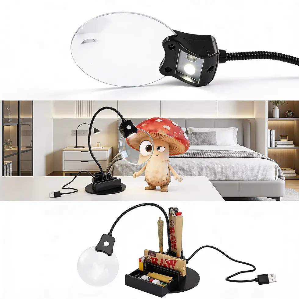 A magnifying lamp focuses on a cartoon mushroom with a red cap in a modern bedroom. Nearby, storage items include a lighter and papers.