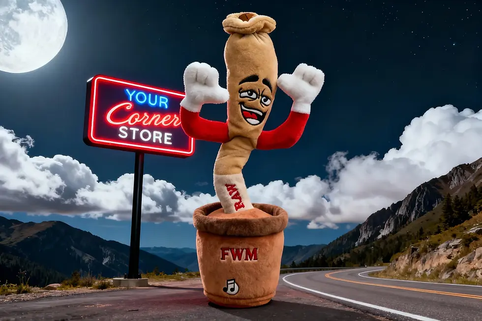 Dancing cigar mascot with gloves in a pot marked "FWM" by a neon "Your Corner Store" sign. Night sky, moon, and mountains in the background.