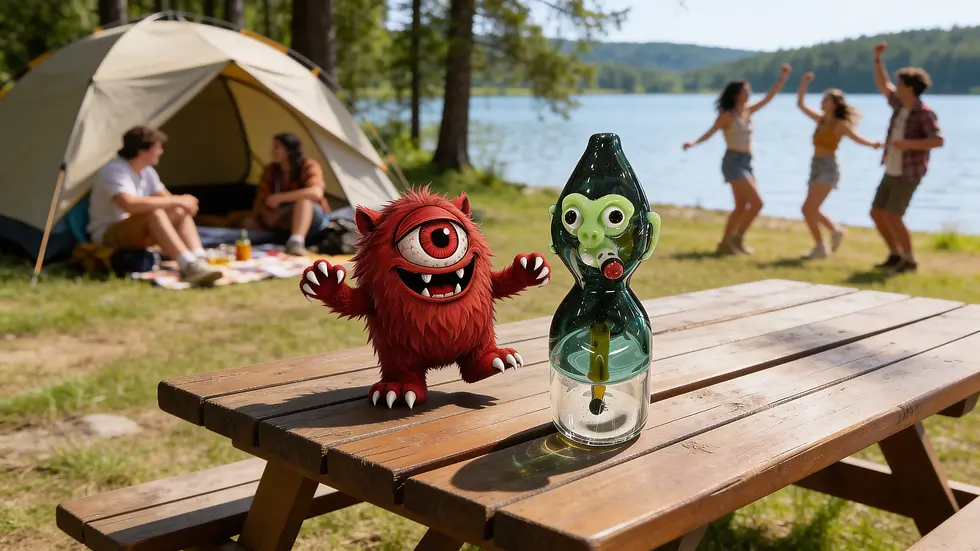 A close-up of a whimsical character-themed water pipe sitting on a wooden outdoor picnic table, featuring unique creature-like facial details and intricate glass craftsmanship.