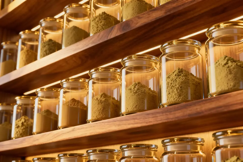 Rows of glass jars filled with kratom powder are displayed on wooden shelves, warmly lit, creating an organized and cozy ambiance.