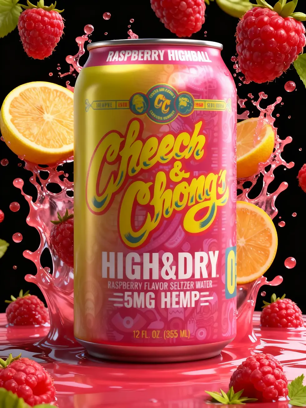 A vibrant can of Cheech & Chong's raspberry seltzer amid splashing juice, raspberries, and orange slices. Text: High&Dry, 5mg Hemp.