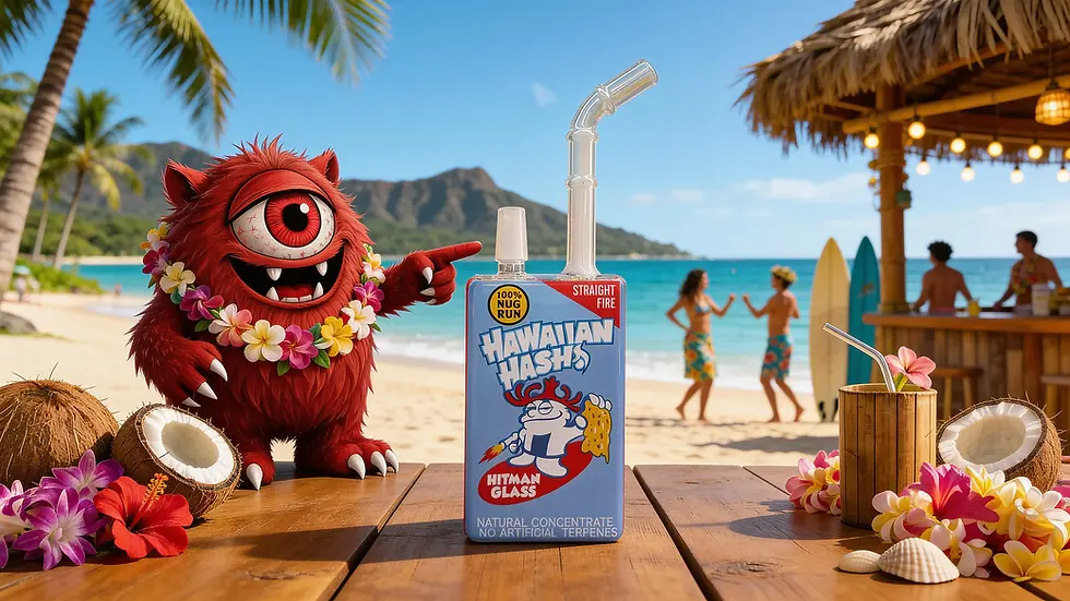 The Hawaiian Hash Hitman Juice Box Glass Bong, featuring a vibrant juice box-inspired design and a removable glass mouthpiece, displayed on a clean white surface.