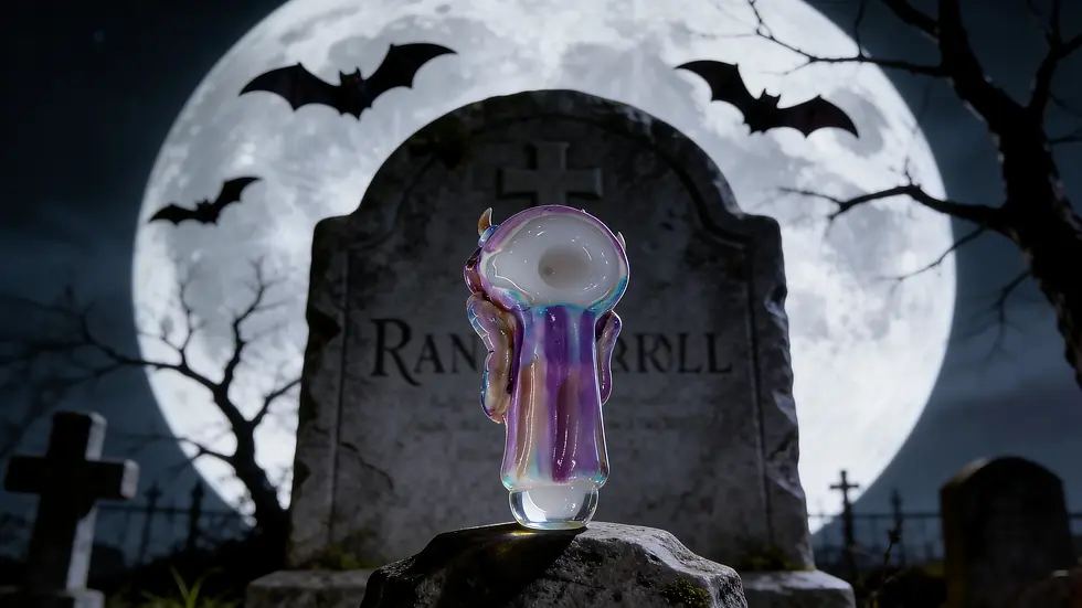 A detailed front-facing view of a custom monster-themed hand pipe, featuring two large, realistic green eyes, sharp teeth, and colorful skin-like texture on a glass shelf at Red Eye Fenton