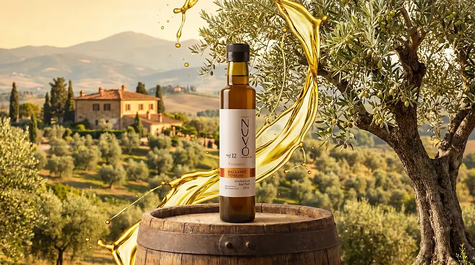A bottle of Nuvo 12-year aged Tangerine Balsamic Vinegar on a wooden surface, surrounded by olive branches and a fresh tangerine.