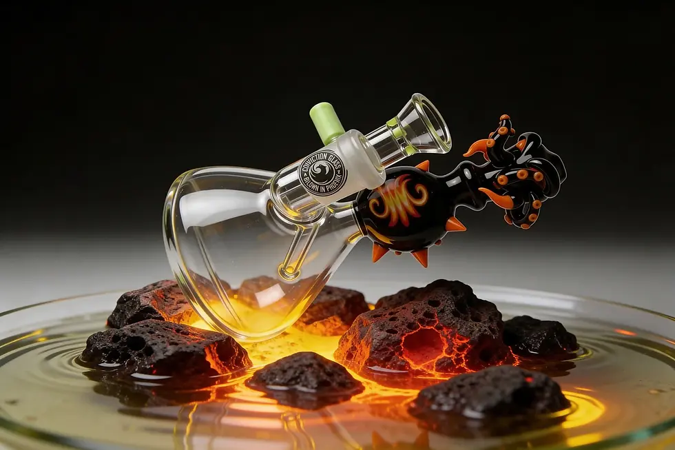 Glass bong with colorful accents balances on glowing rocks in a circular tray. Label reads "Conviction Glass, Blown in Phoenix."