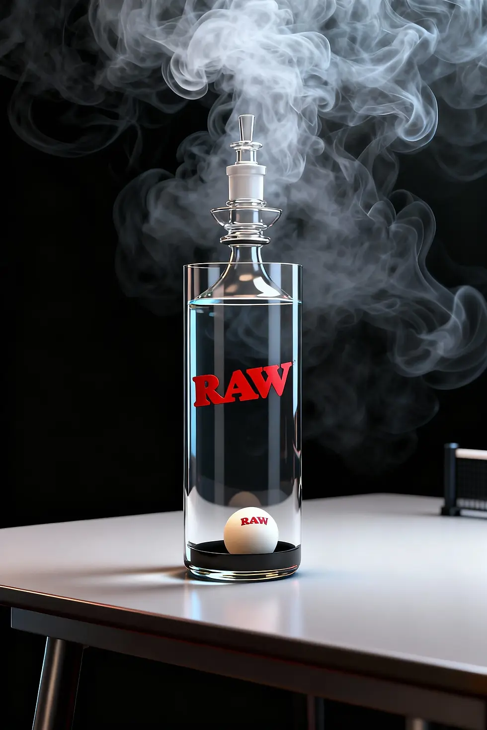 Glass bottle with "RAW" text emits smoke on a table, creating a moody atmosphere. A "RAW" ping pong ball is inside. Dark background.