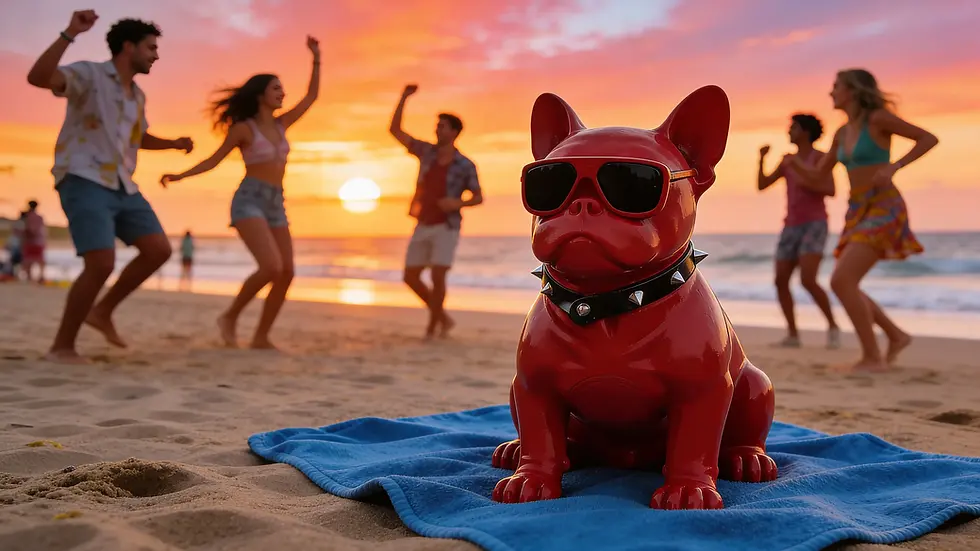 A vibrant red WOOOF dog-shaped Bluetooth speaker with black sunglasses and a studded collar, displayed on a wooden surface at Red Eye Fenton