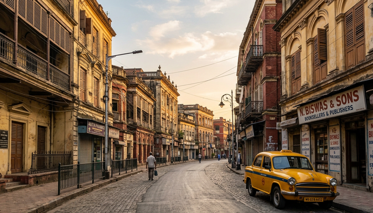 Wide-angle view of a quiet Kolkata street near heritage buildings at golden hour