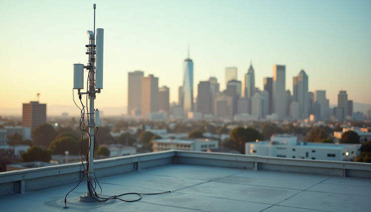 Eye-level view of a rooftop wireless antenna installation overlooking Los Angeles cityscape