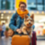 I want an image of a person with their luggage dog, the image size should be in landscape