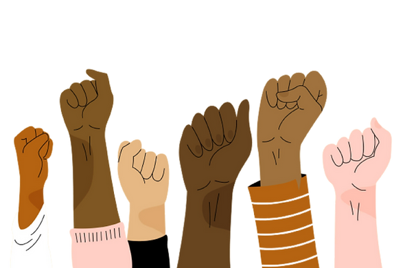 cartoon of arms of various skin tones with their fists in the air