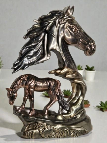Thumbnail: A collection of resin horse sculptures in antique bronze, sterling silver, and midnight onyx metallic finishes.