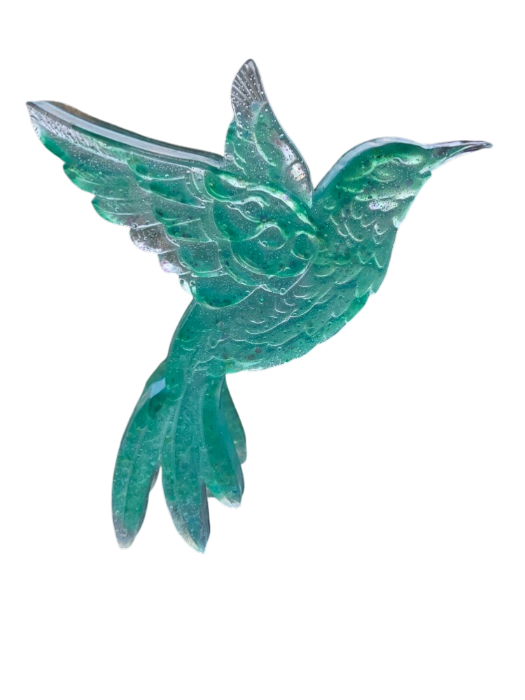 Shimmering teal and blue resin hummingbird suncatcher with a vibrant iridescent finish against a window