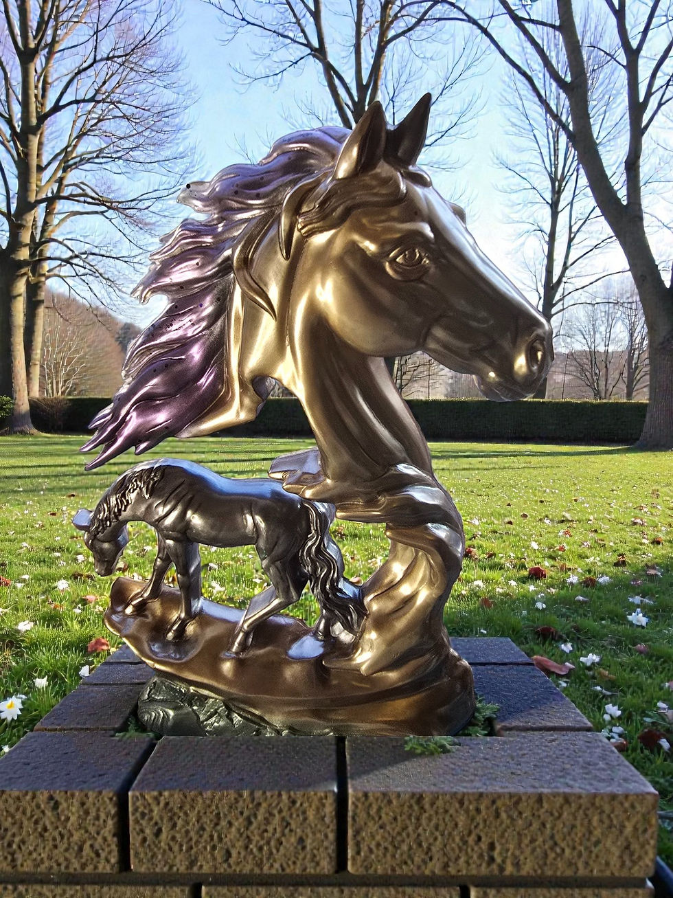 Handmade resin horse wall art with flowing equestrian head design in metallic gold and purple tones
