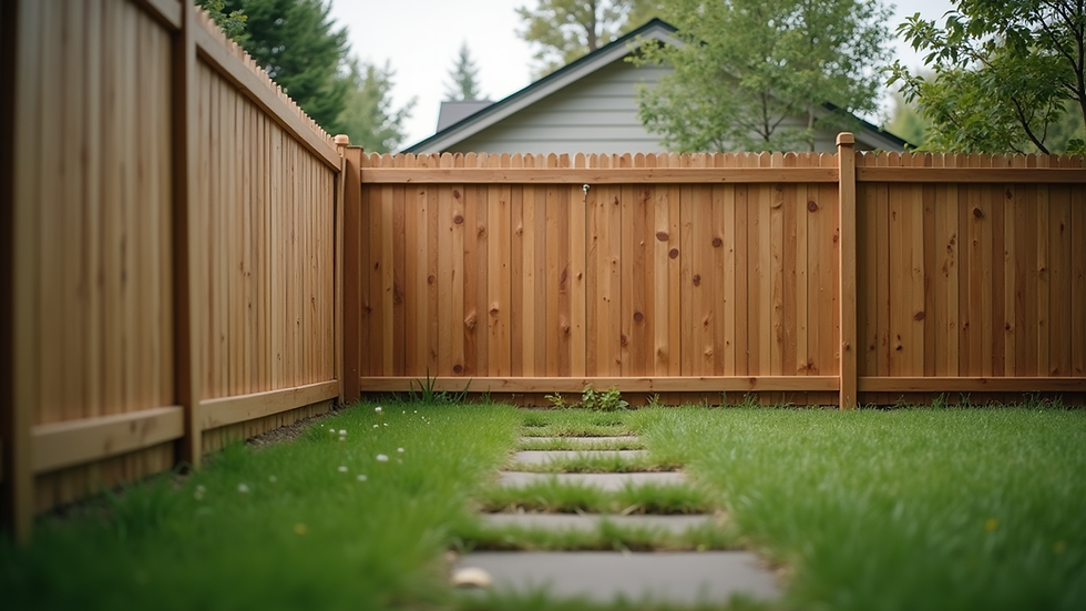 Eye-level view of a wooden privacy fence surrounding a backyard
