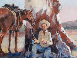 painting of bushman, dog and horse by a tree