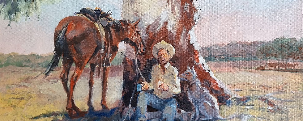 painting of bushman, dog and horse by a tree