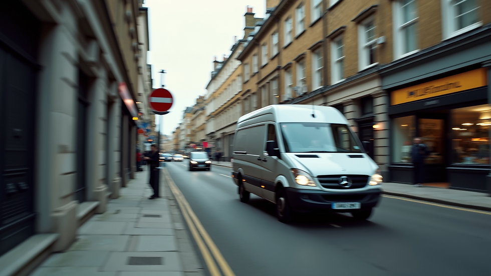High angle view of a moving van navigating a narrow London street