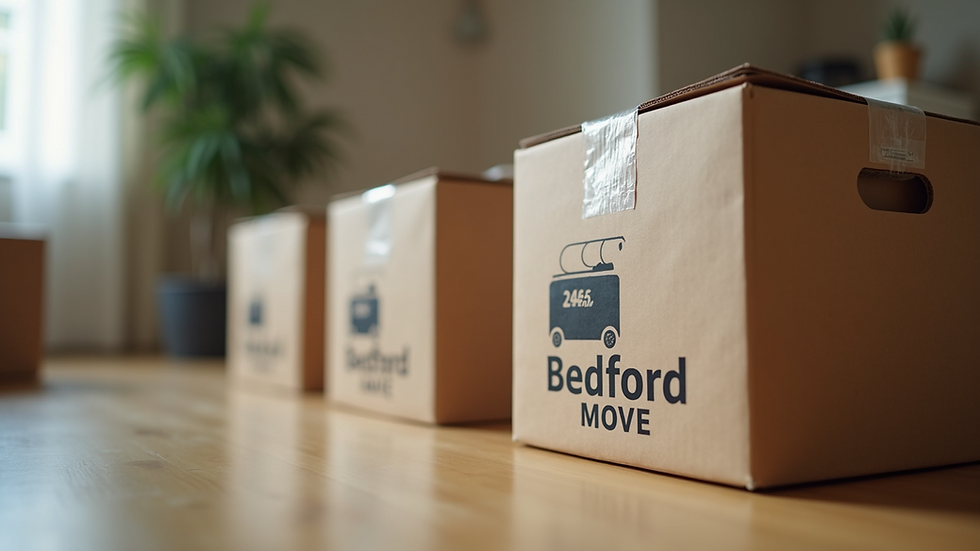 Eye-level view of a neatly packed moving box labeled for Bedford move