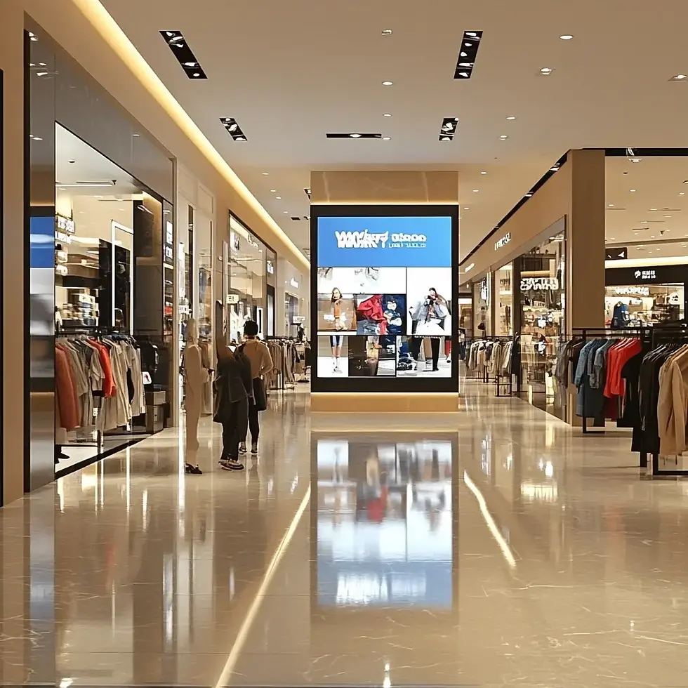 Retail storefront with interactive product displays showing clothing options and specifications, with customers browsing the digital catalog