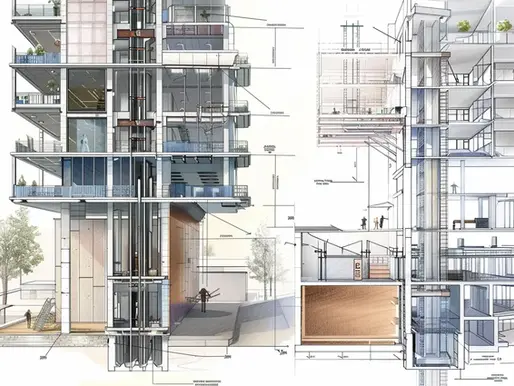 Comparison of low-rise and high-rise building elevator systems showing hydraulic elevators for 1-6 floor buildings versus traction systems for taller buildings