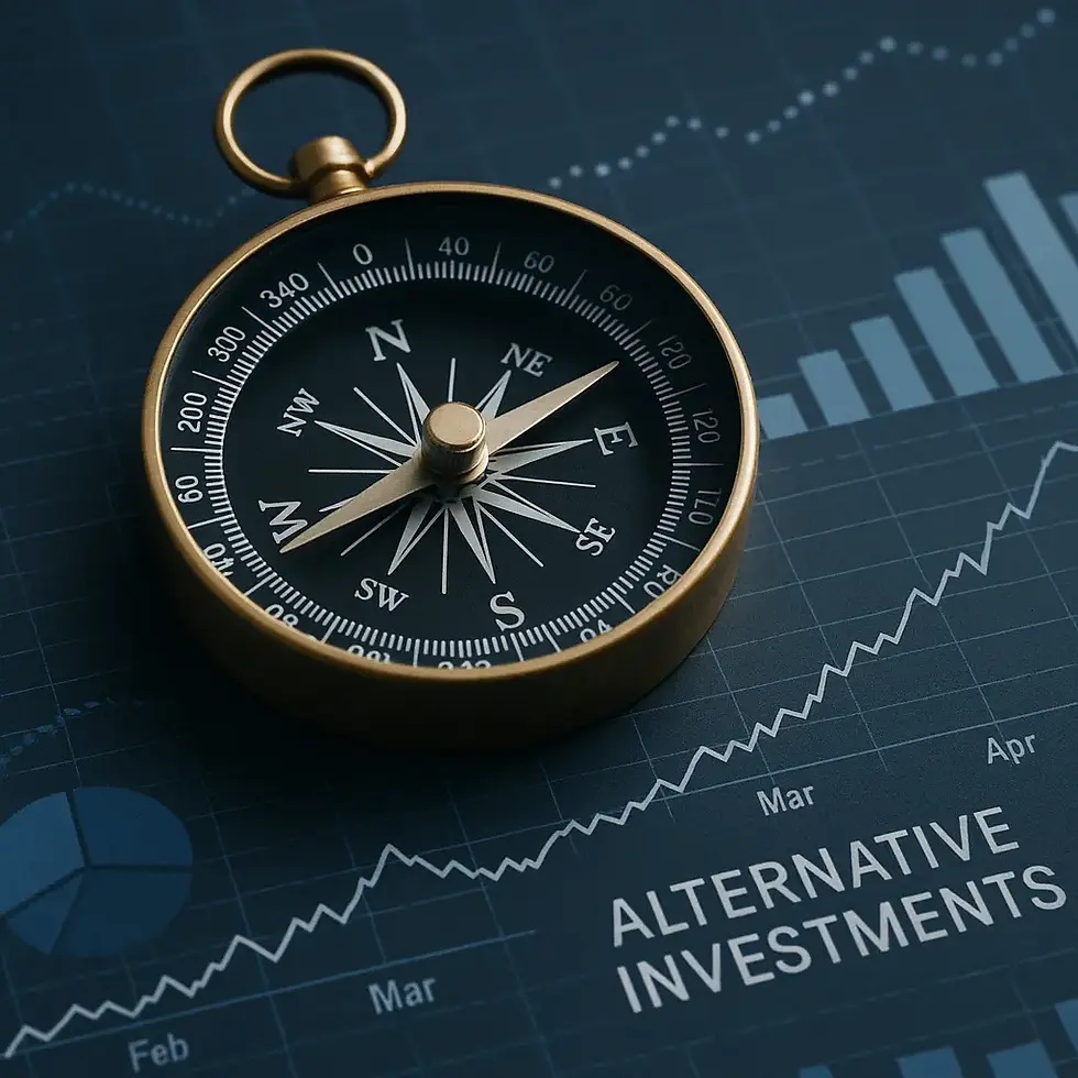 Golden compass overlaying a financial growth chart with upward trending line, symbolizing navigation and strategic direction