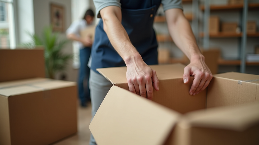 Close-up view of movers carefully packing fragile items into boxes
