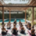 Picture of yoga retreat class taking place overlooking pool. Everyone with back to camera.