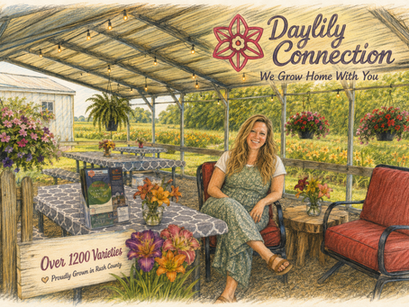 A hand-drawn watercolor and colored-pencil illustration of the Daylily Connection carport on a sunny summer day. The open-air pavilion is decorated with hanging flower baskets, picnic tables covered with patterned tablecloths, fresh-cut daylilies in small glass vases, and cozy seating overlooking blooming daylily fields. Jessica, the owner, sits smiling beneath the carport, reflecting the welcoming atmosphere where customers gather to share stories, rest, and create lasting memories. The Daylily Connection logo and the tagline "We Grow Home With You" appear prominently above the scene.