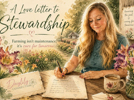 Watercolor-style illustration of a flower farmer writing a letter at a wooden table surrounded by blooming daylilies. The image features the title 'A Love Letter to Stewardship' and reflects themes of caring for the future, farming, and thoughtful stewardship of the land.
