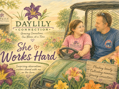 Hand-drawn illustration for Daylily Connection featuring Lily and her dad, Colt, riding together in a farm utility vehicle surrounded by colorful blooming daylilies. The image includes the blog title, “She Works Hard,” and highlights family, farming, and growing connections across generations.