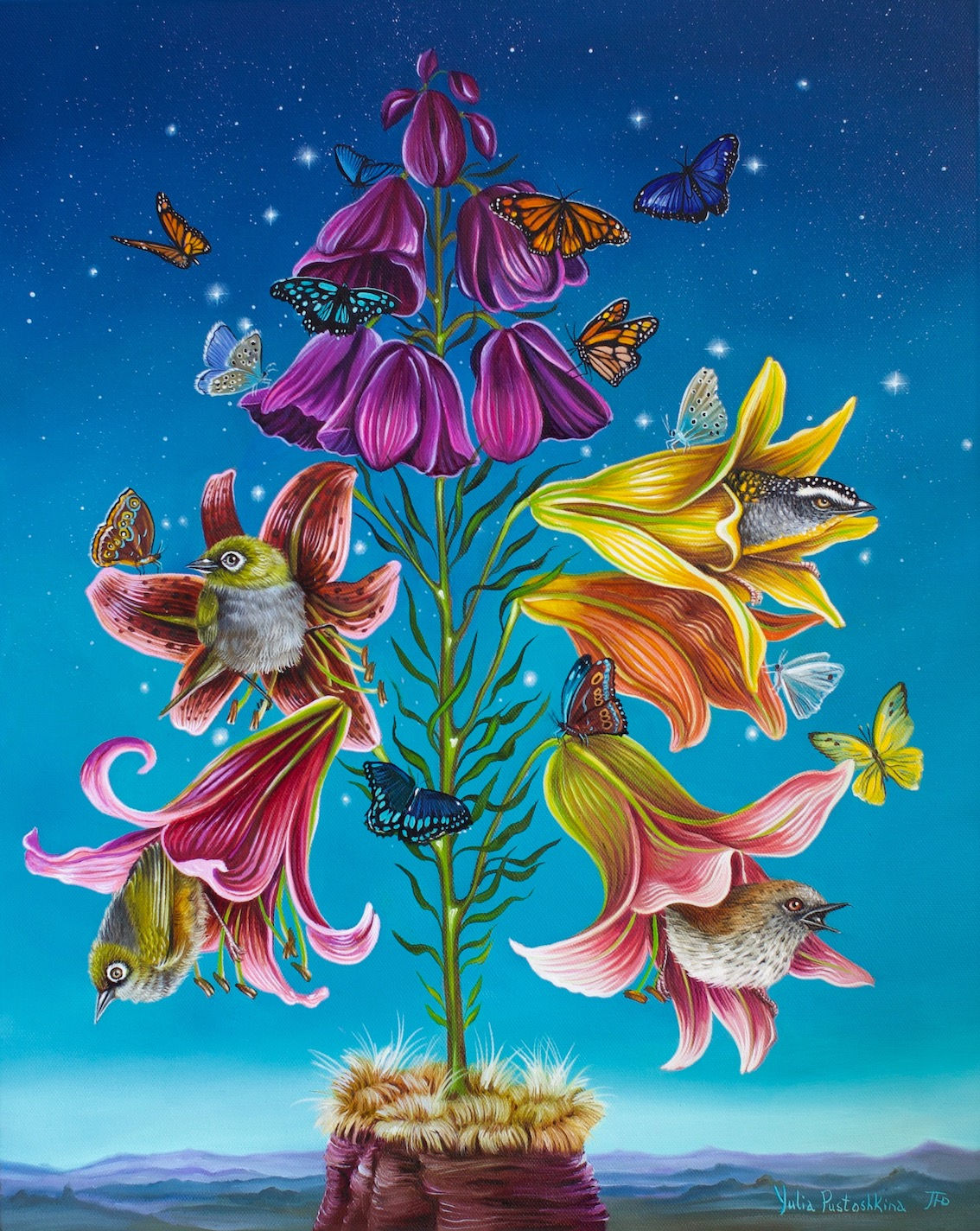 Original oil painting on canvas by Australian artist Yulia Pustoshkina. Colorful flowers serving as homes for small birds