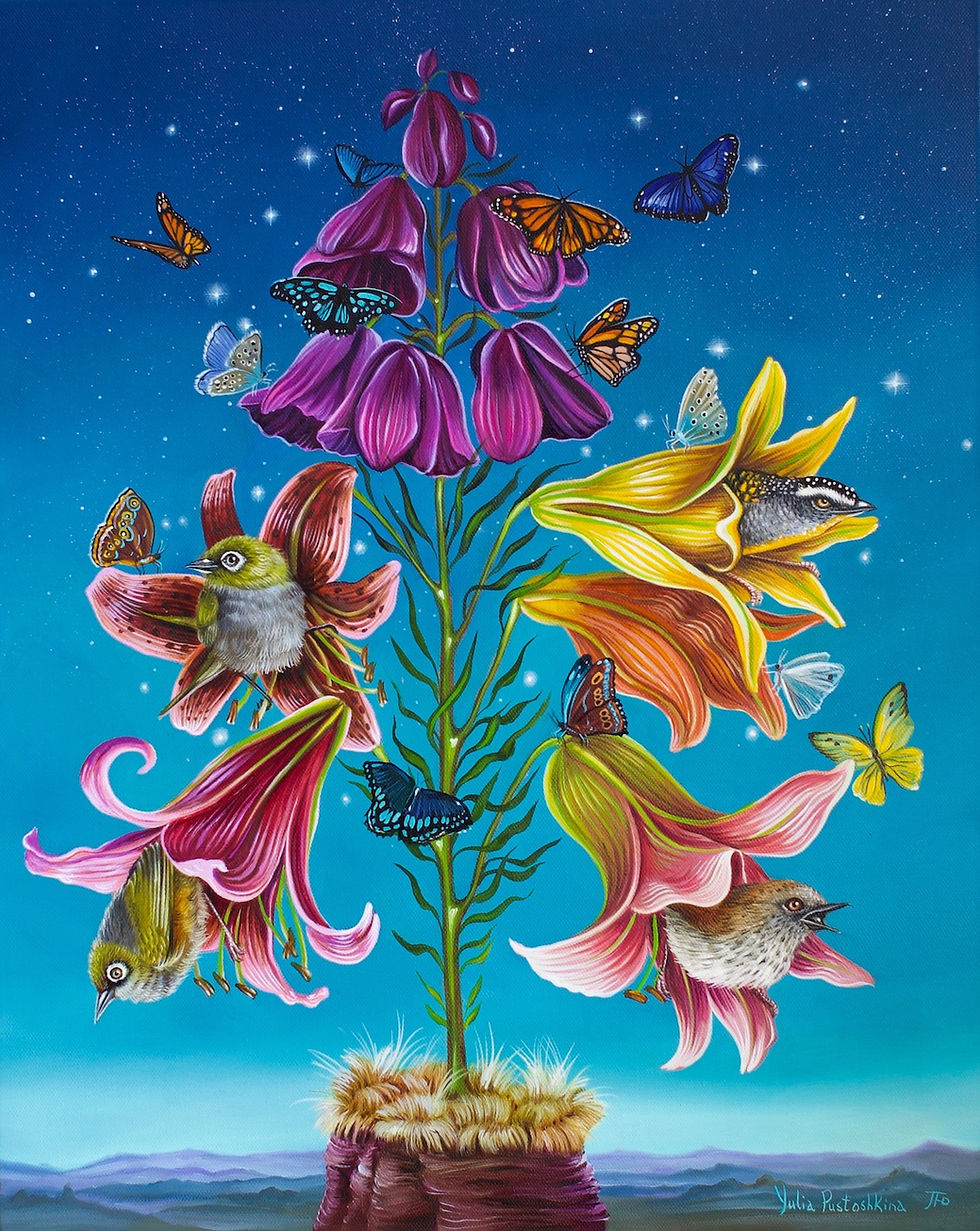 Original oil painting on canvas by Australian artist Yulia Pustoshkina. Colorful flowers serving as homes for small birds
