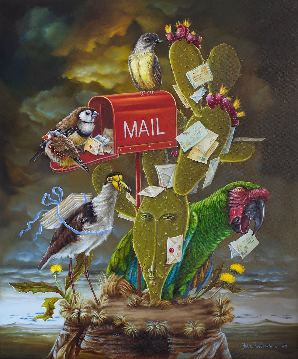 Oil painting of birds and a post box