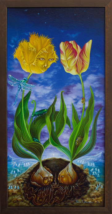 Two tulips as human heads, surrealism art, painting by Yulia Pustoshkina, folkloric surrealism.
