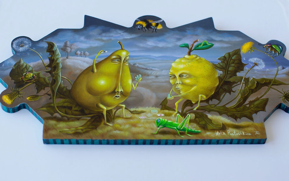 Thumbnail: yulia pustoshkina oil painting on wood panel surrealism art pear and lemon