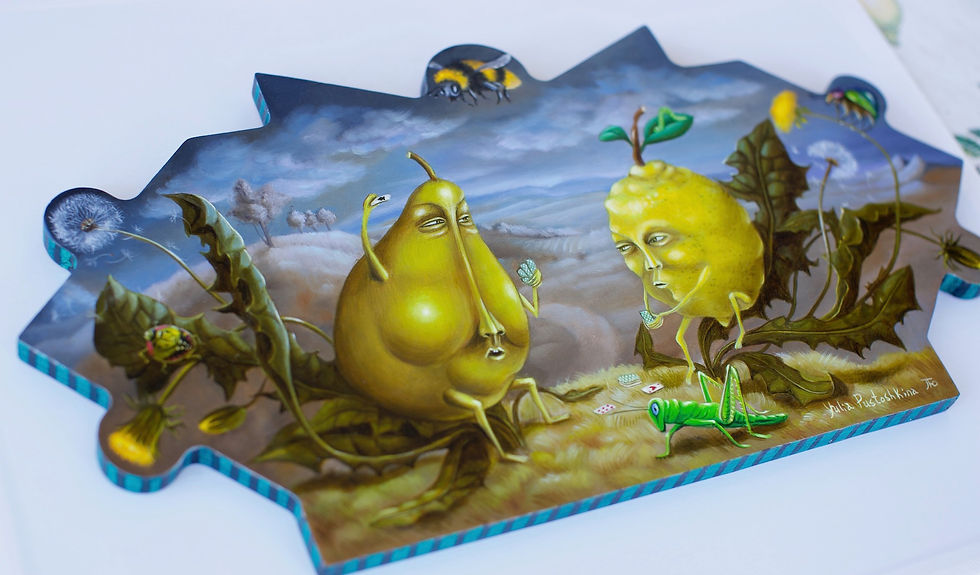 Thumbnail: yulia pustoshkina oil painting on wood panel surrealism art pear and lemon