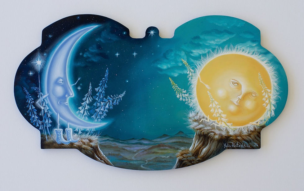 Moon and Sun fairy tale magic, night and day artwork painting Yulia Pustoshkina