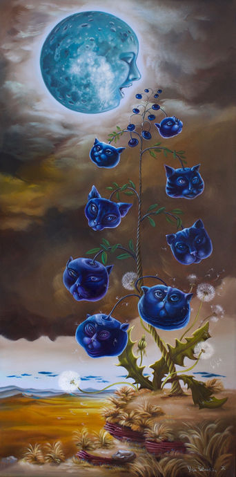 Surrealism art, contemporary art. Moon face on dark sky with berries as cats