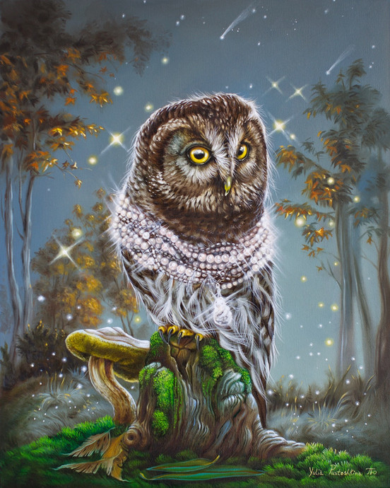 yulia pustoshkina artwork painting of owl with peals necklace, folkloric surrealism art