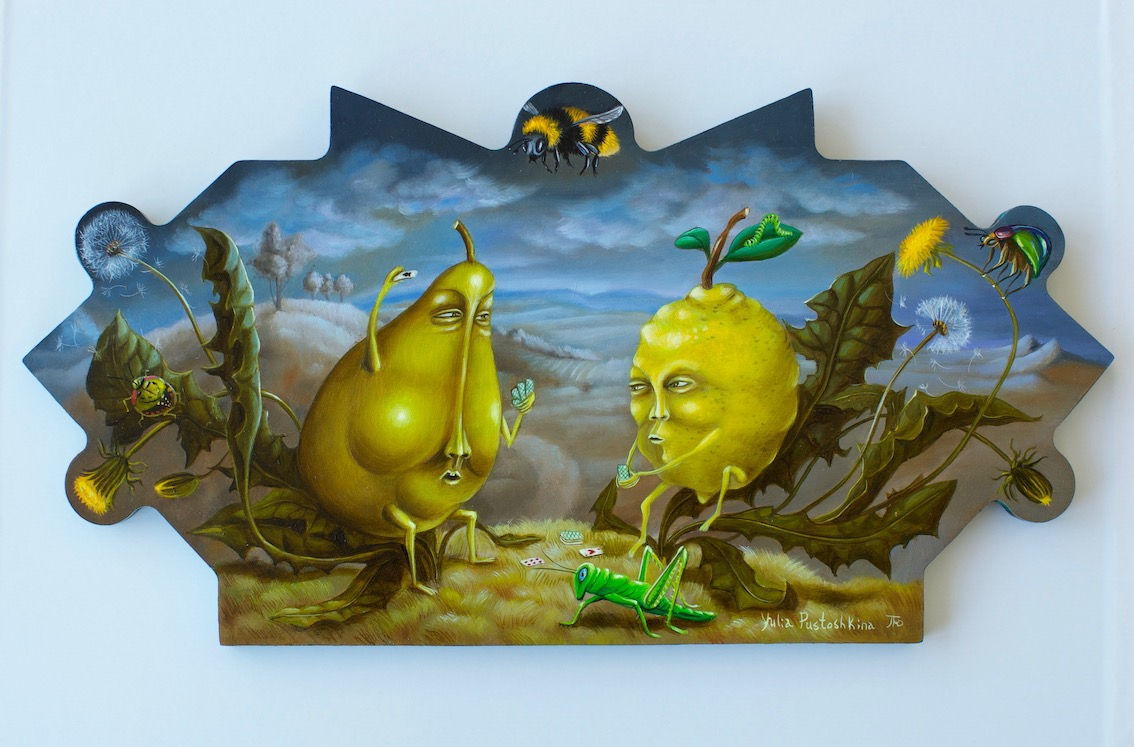 yulia pustoshkina oil painting on wood panel surrealism art pear and lemon